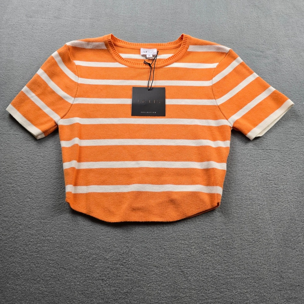 Le‎ Lis Womens Orange White Striped Cropped Knit Top Short Sleeve NWT Small